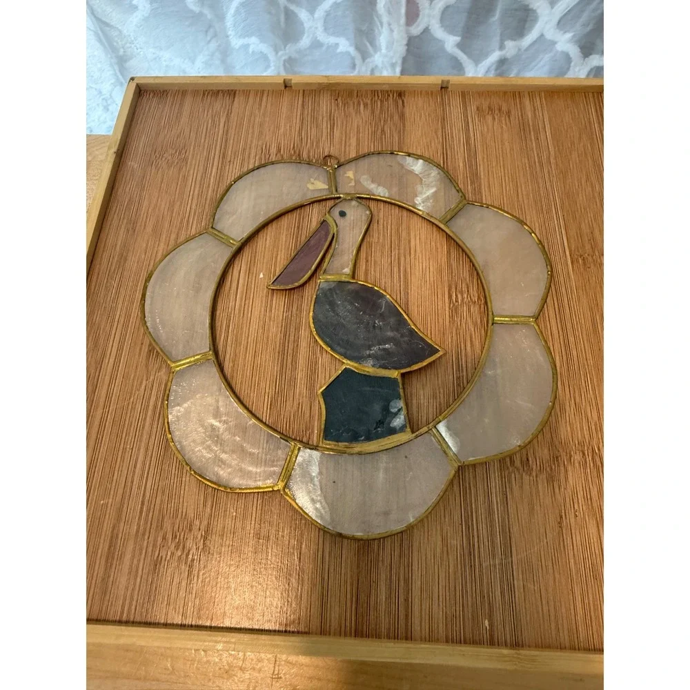 Vintage Stained Glass Pelican Suncatcher Capiz Shell Coastal Window Decor 6.25in